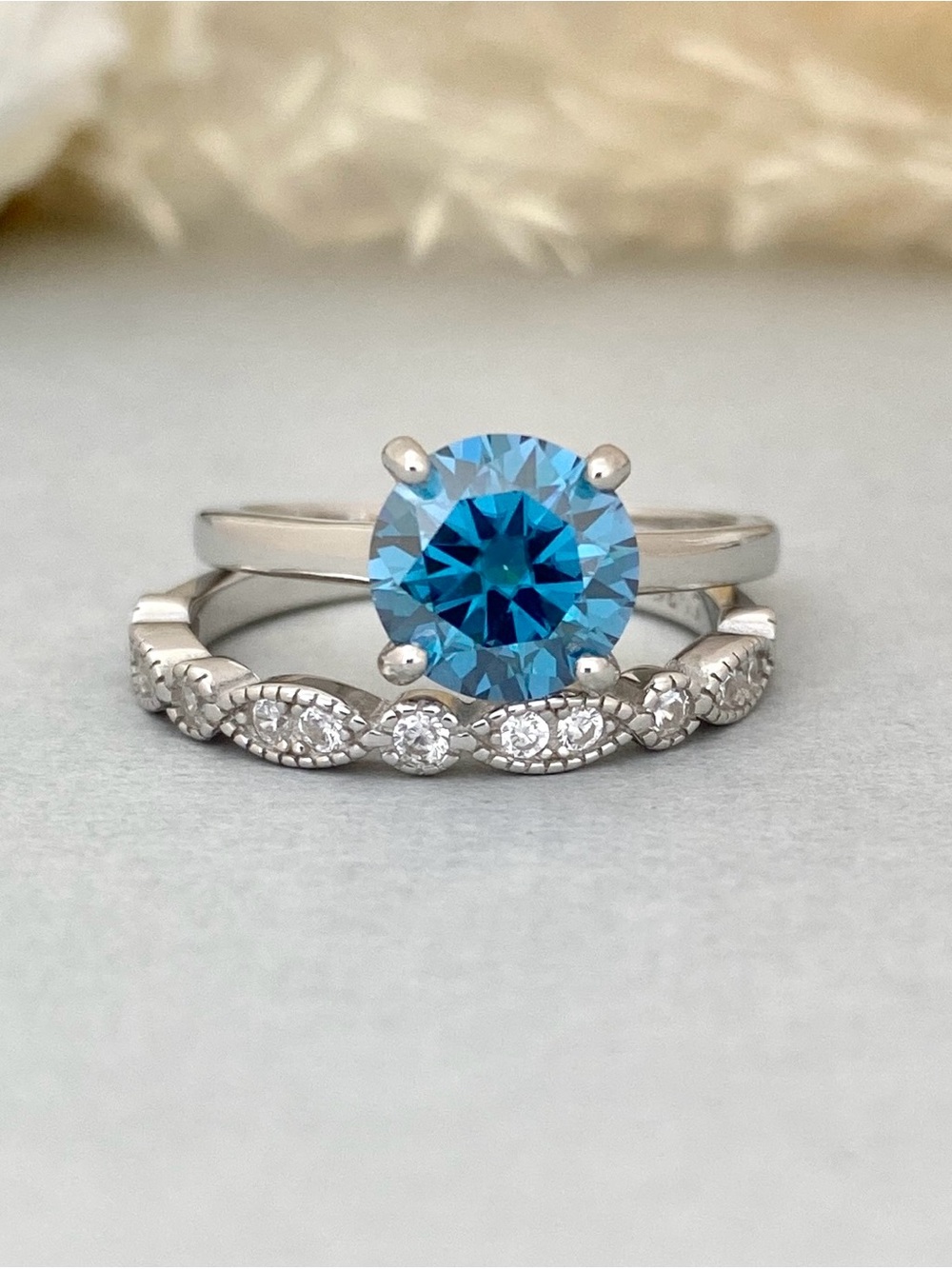 Round 2ct Sapphire Blue Moissanite Diamond Accented CZ Band 2pc Women’s Ring Set